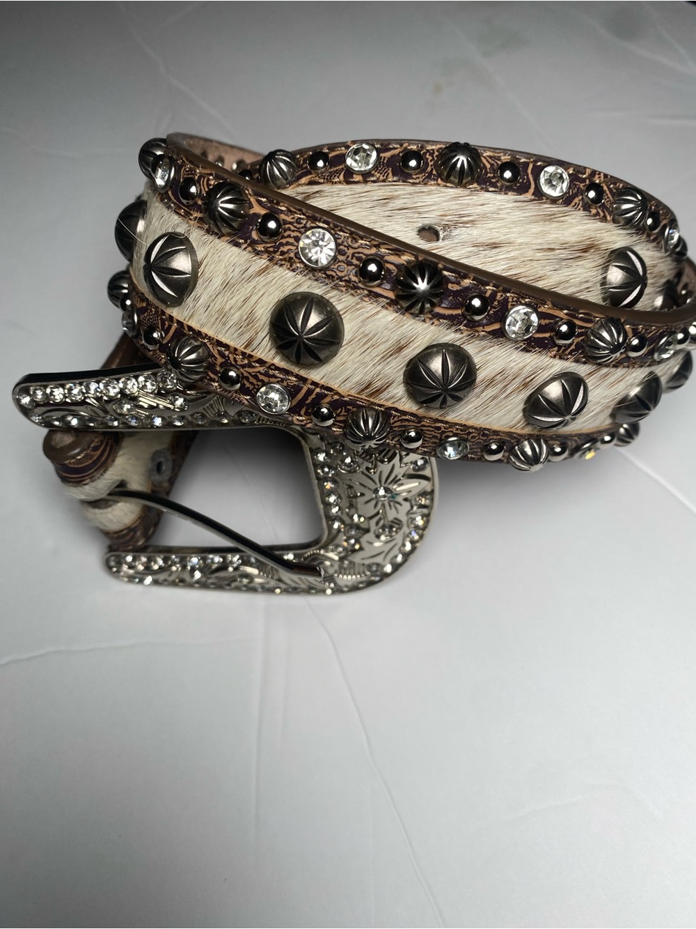 Western Rhinestone Studded Calf Hair Leather Belt Size S/M